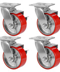 Set Of 4 Premium Heavy Duty Workbench Casters 5 Inch Swivel Plate Wheels with red polyurethane tread for garage use.