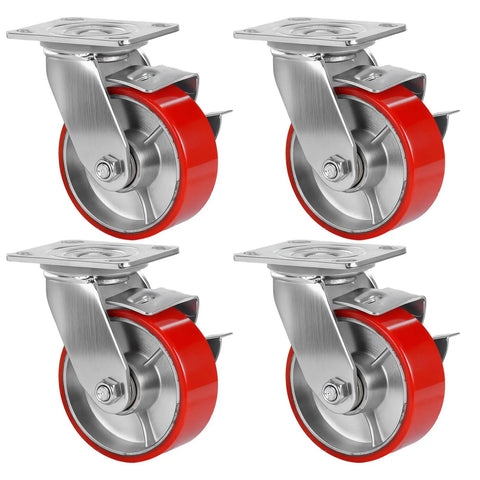 Set Of 4 Premium Heavy Duty Workbench Casters 5 Inch Swivel Plate Wheels with red polyurethane tread for garage use.
