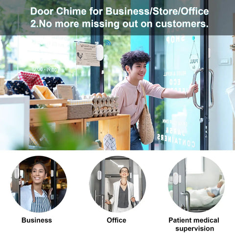 Customer entering store with Wireless Door Chime with 800 ft Range, 55 Chimes and 5 Adjustable Volume Levels for Home Office or Store