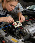 Technician using Wireless Adjustable Portable Soldering Jig For Wires And PCBs on car engine for repair.
