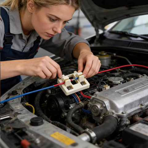 Technician using Wireless Adjustable Portable Soldering Jig For Wires And PCBs on car engine for repair.
