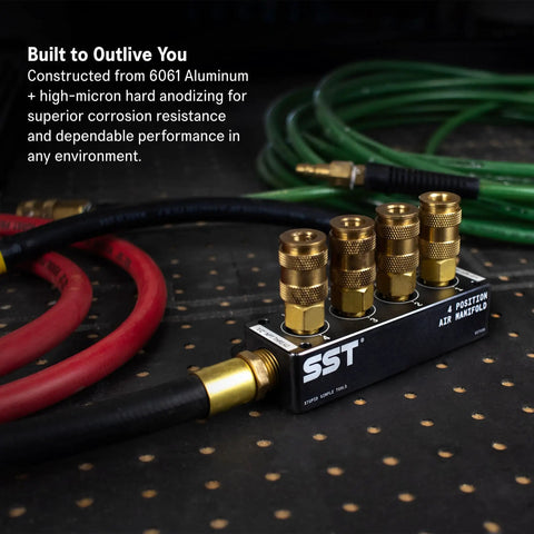 Air Manifold With 1/2 NPT Inlet And 1/4 NPT Outlet, Multi Port Distribution For Air Compressors, Five Position tool-free connections