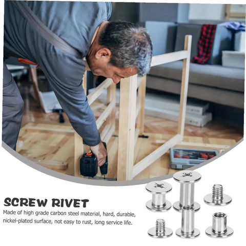 Man using Built Tough Chicago Style Binding Screws For Books And Scrapbooks And Paper Crafts Using 75 Piece Silver Carbon Steel Fasteners to assemble furniture.