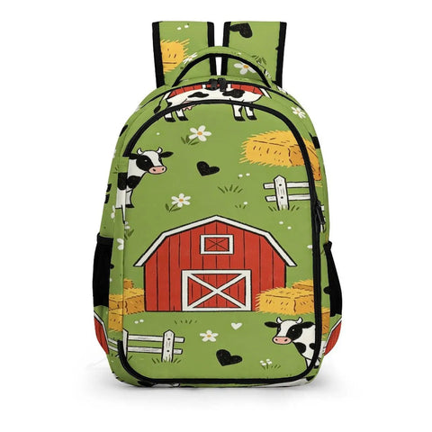 Green Grass Farm Cartoon Printed Unisex Backpack With Large Capacity Durable Polyester Breathable Dope Everyday School Backpack Cute Farm Theme Daypack For Teens And Adults with barn and cow design