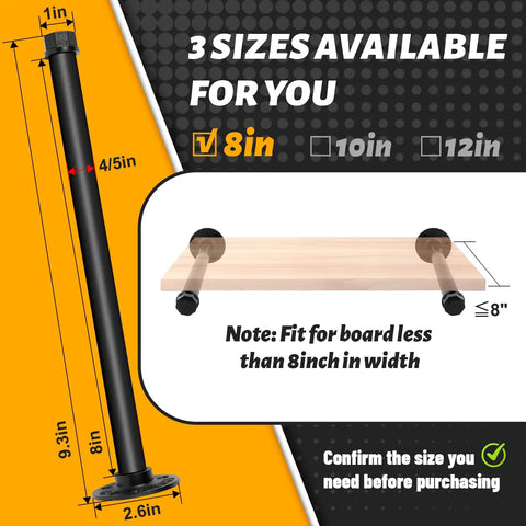 Heavy Duty Black Pipe Shelf Brackets 8 Inch Set, showing measurement details for bracket and board width, vintage style wall mount.