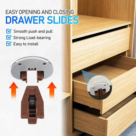 10 Sets Kitchen Drawer Repair Kit with roller slides and guides close-up next to open wood drawer in cabinet