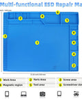 Pro Grade Large Anti Static Mat With Grounding Accessories ESD Safe Heat Resistant Silicone Soldering Mat Magnetic Work Pad For PC Building Electronics Repair Laptop Cellphone Soldering 21.6 By 16.9 Inch showing dimensions and sections for tools and parts.