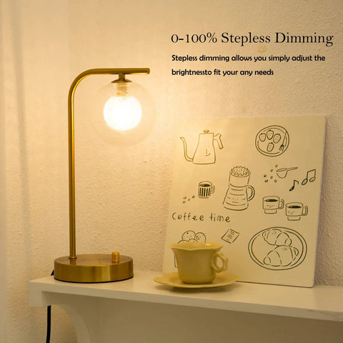 Industrial Glass Globe Desk Lamps Set Of 2 With USB Charging Ports Gold Metal Bedside Table Lamps Stepless Dimmable Brightness