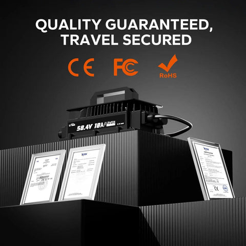 58.4V 18A LiFePO4 Battery Charger For 48V Systems, IP65 Waterproof Smart Charger displayed with certifications