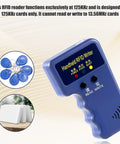 Handheld RFID Card Reader And Writer 125KHz For T5577 And EM4305 with 6 white cards and 6 blue keychains displayed.