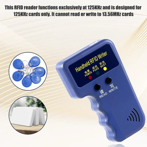 Handheld RFID Card Reader And Writer 125KHz For T5577 And EM4305 with 6 white cards and 6 blue keychains displayed.