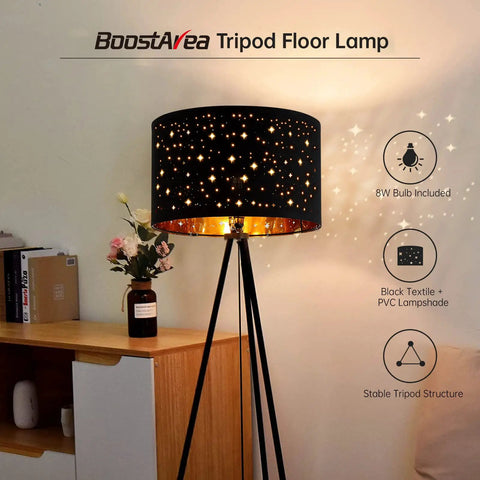 Tripod Floor Lamp With 8W LED Bulb Mid Century Style Standing Lamp Decorative Fabric Shade shining in living room