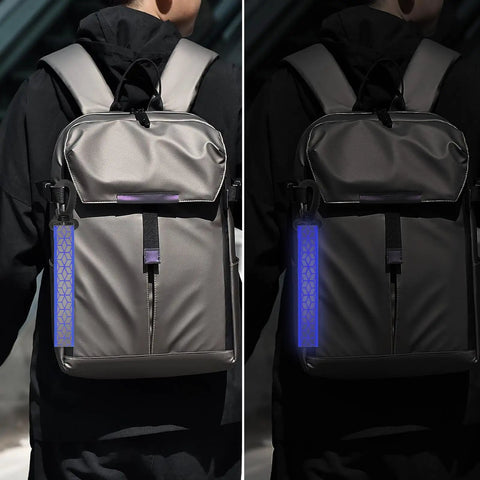 Backpack with Six Pack Blue Reflective Straps For Backpacks And Gear With Glow In The Dark Visibility For Night Safety