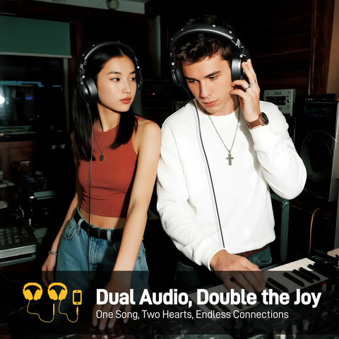 Two people in a studio wearing Studio Monitor DJ Headphones With 50mm Drivers Closed-Back Over-Ear Wired Headset For Music Production.