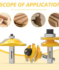 Pro Grade 3 Piece Raised Panel Cabinet Door Router Bit Set with 1/2 Inch Shank shown in packaging and application uses