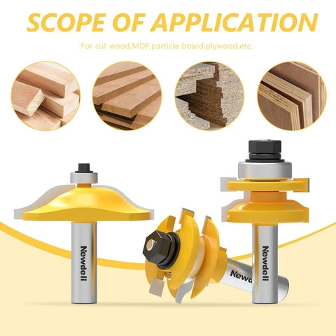 Pro Grade 3 Piece Raised Panel Cabinet Door Router Bit Set with 1/2 Inch Shank shown in packaging and application uses