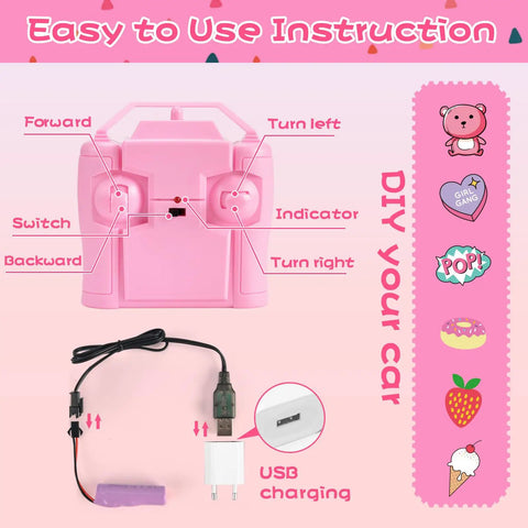 Pink remote control with instructions for Rechargeable Remote Control Car For Kids 1:16 Scale, 2.4Ghz Off Road RC Truck With Stickers.