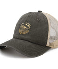 Womens No Crying On The Yacht Humor Trucker Hat with ventilated mesh, low profile black front, beige mesh back, and curved brim