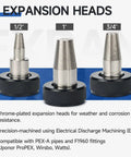 Three chrome-plated expansion heads for PEX A Expander Tool Kit With Self Rotary Expansion Heads 1/2, 3/4 And 1 Inch Plus PEX Cutter.