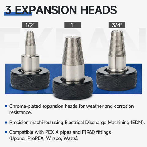 Three chrome-plated expansion heads for PEX A Expander Tool Kit With Self Rotary Expansion Heads 1/2, 3/4 And 1 Inch Plus PEX Cutter.