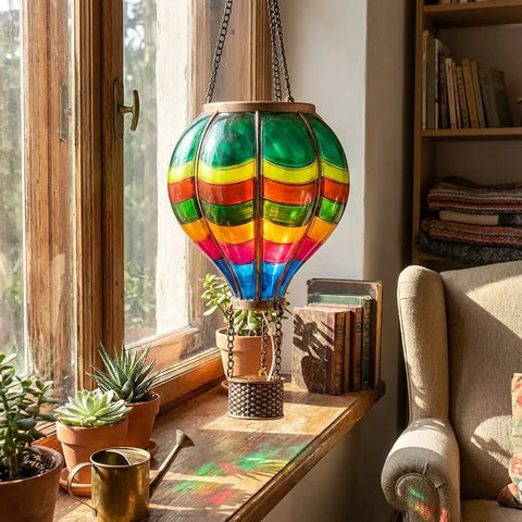 Colorful hot air balloon solar lantern on windowsill, valentines day outdoor lantern solar powered hot air balloon lights for garden and yard hanging flickering flame led decor for trees patio and mom lovers.