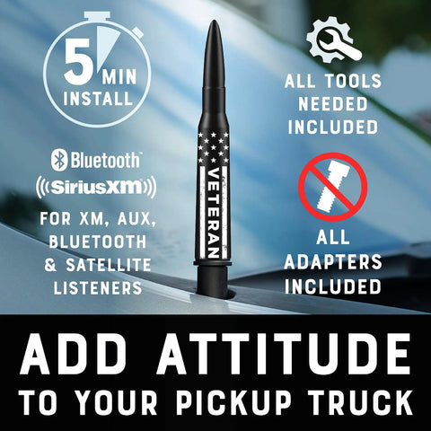 Image of anti theft aluminum antenna topper on car, highlighting compatibility with Chevy and GMC trucks, quick installation features.