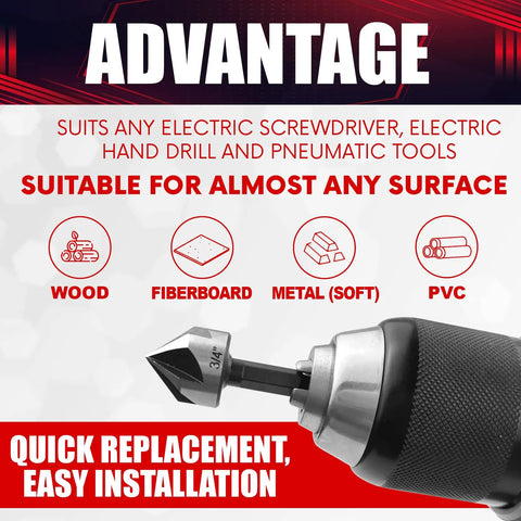 Close-up of 5 Piece Countersink Drill Bit Set With 82 Degree Counter Sink, compatible with electric tools for wood, metal, PVC.