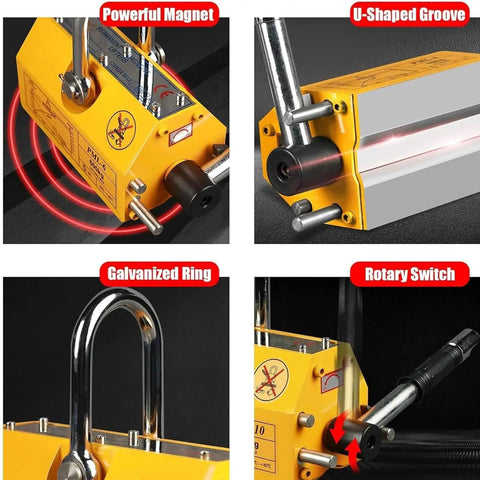 Heavy Duty Permanent Lifting Magnet With Smooth Release Lever And Workhorse Build For Hoist And Gantry Cranes handling steel with galvanized ring and rotary switch.