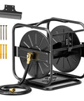 Garden Hose Reel With 360 Degree Swivel Base Holds 100 To 200 Ft Hoses Upgraded Guide System Includes 5/8 Inch By 6 Foot Leader Hose Wall Mount Or Floor Spool For Outdoor Yard No Fuss Roll And Neat Water Setup, black metal frame with screws and leader hose