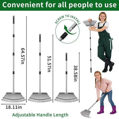 Heavy Duty Garden Rake Set 62 Inch Rake With 72 Gallon Leaf Bag 18 Inch Wide 25 Tines Metal Rake Adjustable Handle Gloves For Lawn Yard Leaves Grass Straw Shrub Cleanup 3 In 1 Rake System