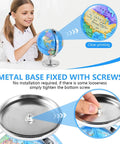 Child using 6 Inch World Globe With Sturdy Metal Stand, Rotating Earth Spinner for Kids in classroom, showing metal base detail.