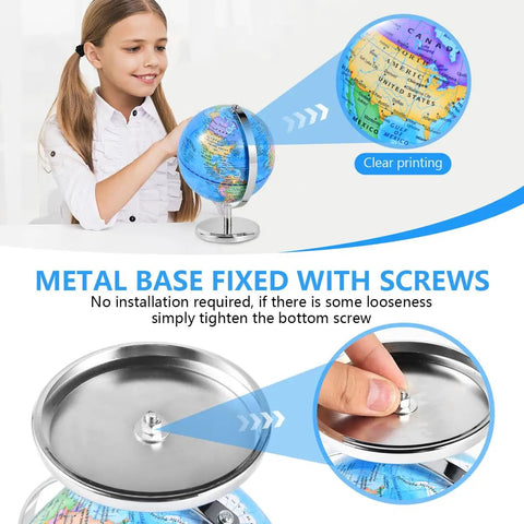 Child using 6 Inch World Globe With Sturdy Metal Stand, Rotating Earth Spinner for Kids in classroom, showing metal base detail.