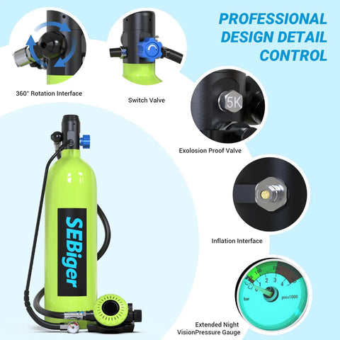 Detailed view of One Point Nine Liter Mini Scuba Tank With DOT Certified Pony Bottle Portable Grab And Go Underwater Breathing Kit