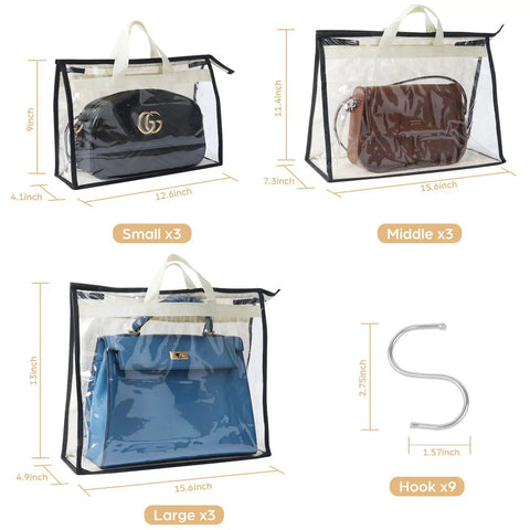 12 Pack Clear Handbag Storage Bags With Zipper And Handles See Through Purse Organizer For Closet Or Hanging Use Non Woven Fabric With Transparent PVC Cover Waterproof And Rip Resistant Grey displayed with various handbag sizes and S-hooks