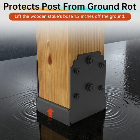 Close-up of Heavy Duty 4X4 Post Base Anchor For Concrete with wooden post lifted to prevent ground rot in wet conditions.