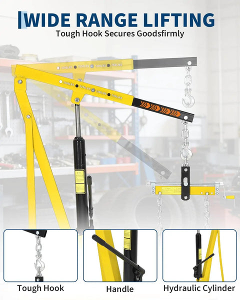 Heavy Duty Hydraulic Engine Hoist With No Sweat Pumping Lever And Adjustable Telescoping Boom equipped with Tough Hook and hydraulic cylinder.
