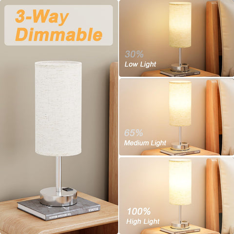 Touch Table Lamp With USB-C And USB-A Ports, 3-Way Dimmable Bedside Desk Light showing different brightness levels on a nightstand