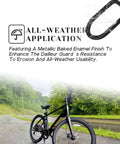 Durable Ebike Derailleur Guard Transmission Protector displayed with an ebike on a wet road, highlighting all-weather use.
