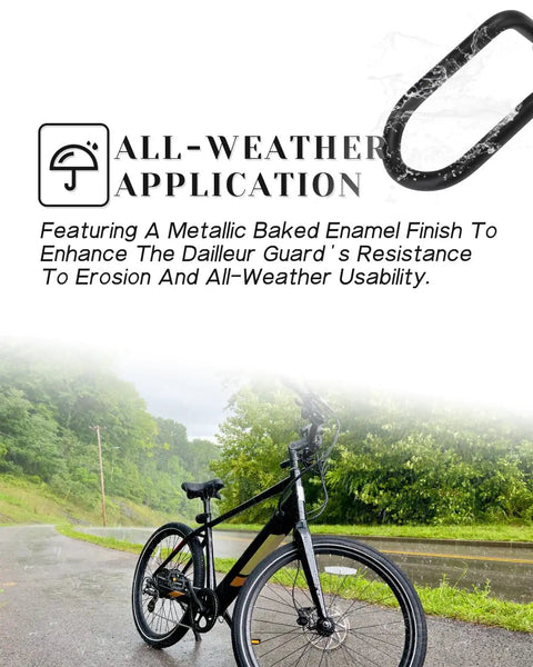 Durable Ebike Derailleur Guard Transmission Protector displayed with an ebike on a wet road, highlighting all-weather use.
