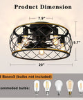 20 Inch Cage Ceiling Fan With Lights And Remote, Flush Mount Low Profile Farmhouse Ceiling Fan, Black and Gold Finish