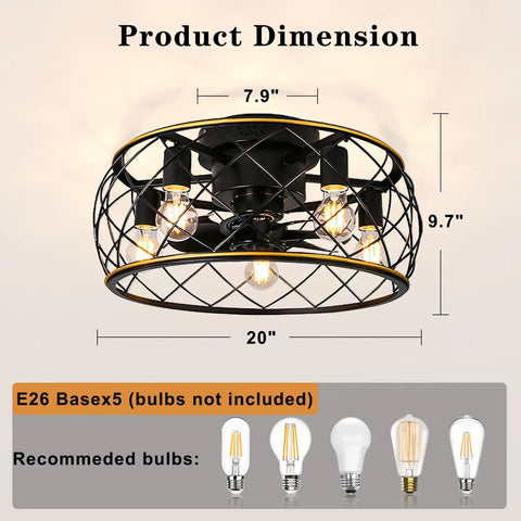 20 Inch Cage Ceiling Fan With Lights And Remote, Flush Mount Low Profile Farmhouse Ceiling Fan, Black and Gold Finish