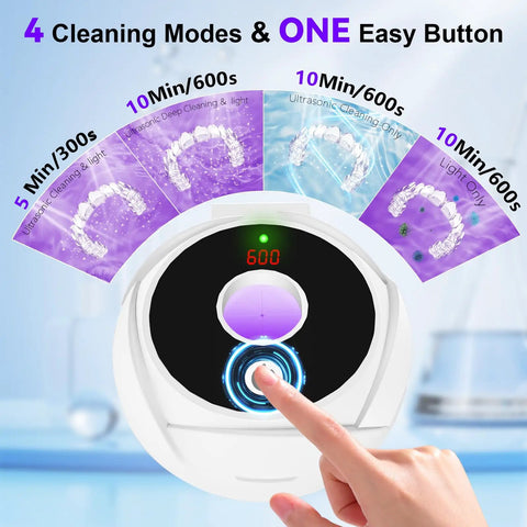 Ultrasonic Retainer Cleaner Machine With 45KHz Cleaning Power For Dentures, Aligners, Mouth Guards, Night Guards, Toothbrush Heads And Jewelry, Four Cleaning Modes, Digital Timer, 200ml Capacity, White with one-touch control