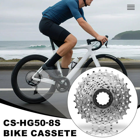 Cyclist riding bike with inset of Beefy 8 Speed Bike Cassette 11 To 28 Tooth Range For Mountain Folding And Commuter Bikes