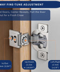 Top Shelf Kitchen Upgrade Thirty Pack Soft Close Overlay Cabinet Hinges In Premium Stainless Steel showing six-way fine-tune adjustment features.
