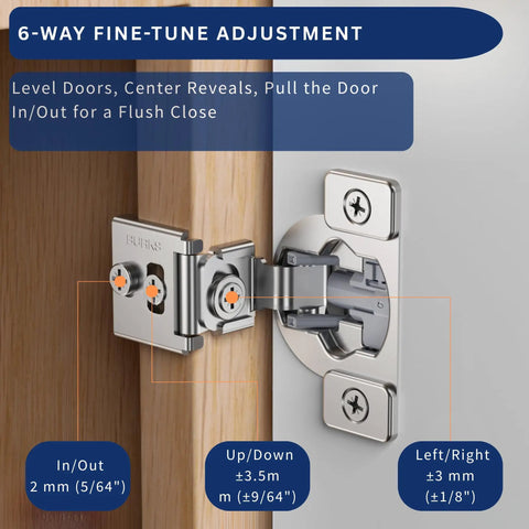 Top Shelf Kitchen Upgrade Thirty Pack Soft Close Overlay Cabinet Hinges In Premium Stainless Steel showing six-way fine-tune adjustment features.
