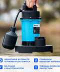 Half Horsepower Submersible Sump Pump With Automatic Float Switch 2980 GPH Workhorse For Clean Or Dirty Water Drainage shown in use