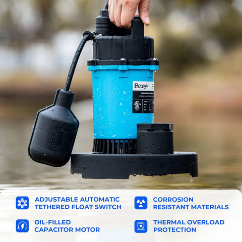 Half Horsepower Submersible Sump Pump With Automatic Float Switch 2980 GPH Workhorse For Clean Or Dirty Water Drainage shown in use