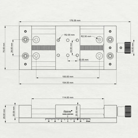 Diagram of Workhorse 75mm Manual Linear Stage With Sliding Table And Rail Guide, Aluminum Alloy Frame, Anti Backlash Nut, dimensions included.