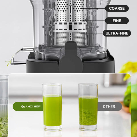 AMZCHEF Cold Press Juicer With 5.4 Inch Slow Masticating Wide Feed Chute, showing juice extraction filters and cups of juice.