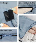 Close-up of features of an ultralight backpacking sleeping bag for 50 to 70 F weather, with velcro, anti-pinch zipper, and feet opening.
